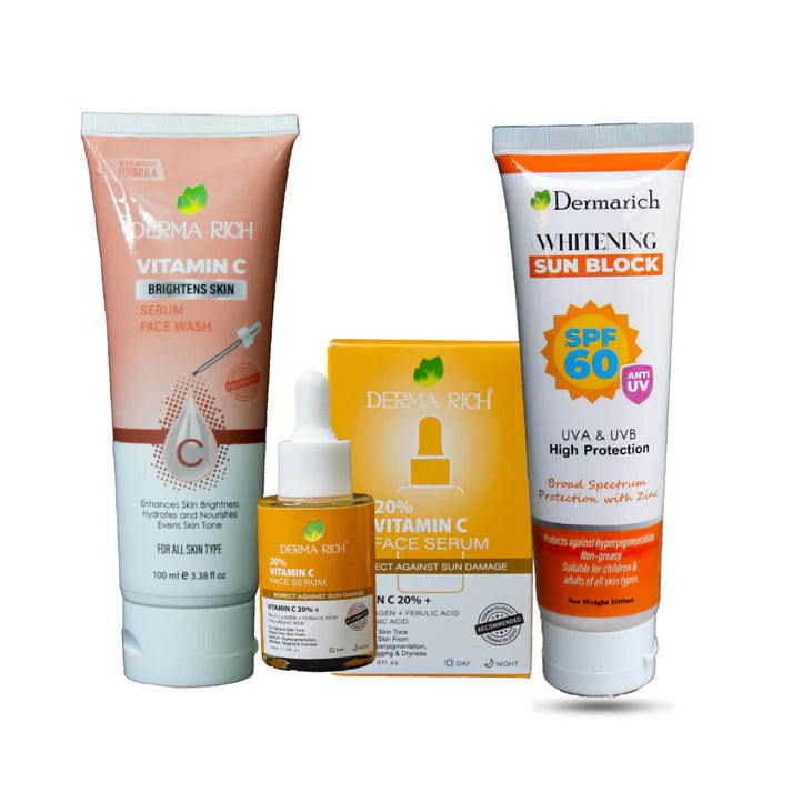 Dermarich® Daily Glow Defense Bundle (3 in 1) Includes Vitamin C Serum, Face Wash & Sun Block