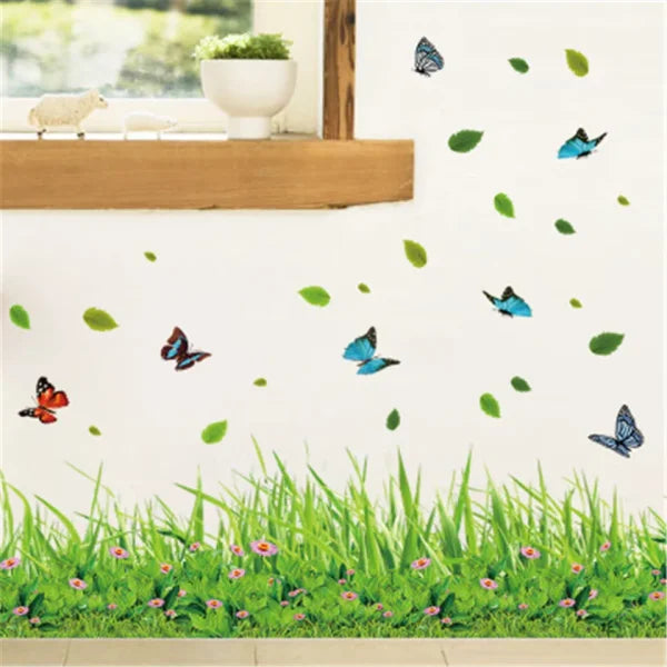 Green Grass Flower Wall Stickers For Kids Room Kindergarten Butterfly Leaves