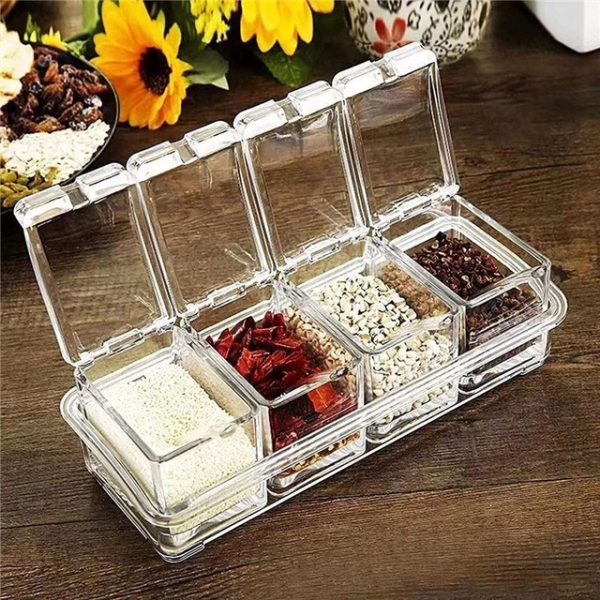 4 In1 Clear Seasoning Box Crystal Seasoning Storage Container With Spoon Clear Seasoning Rack Spice Pots For Pepper Spice