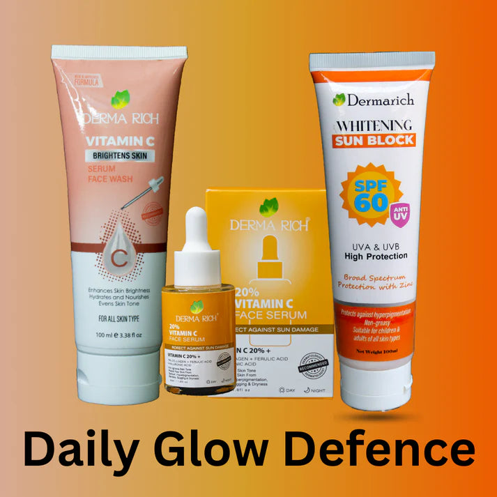 Dermarich® Daily Glow Defense Bundle (3 in 1) Includes Vitamin C Serum, Face Wash & Sun Block