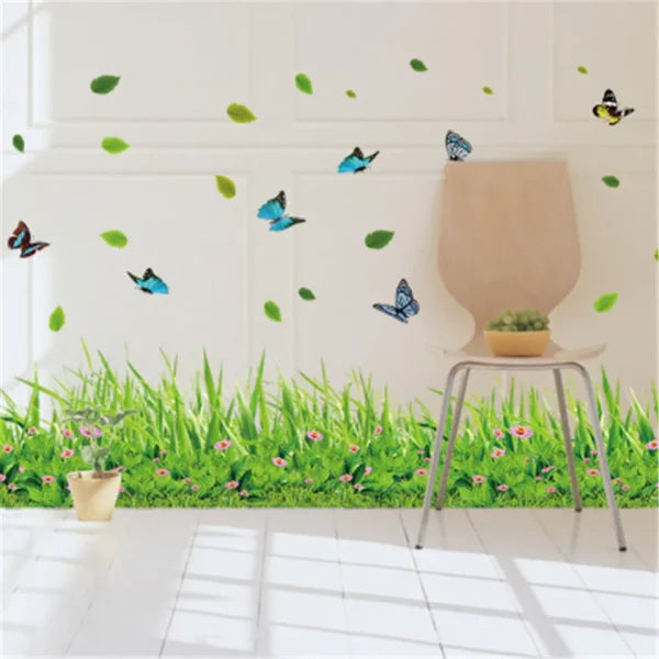 Green Grass Flower Wall Stickers For Kids Room Kindergarten Butterfly Leaves